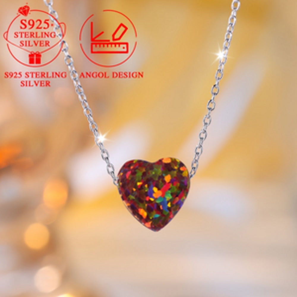 Sterling Silver Red Simulated Opal Heart Necklace