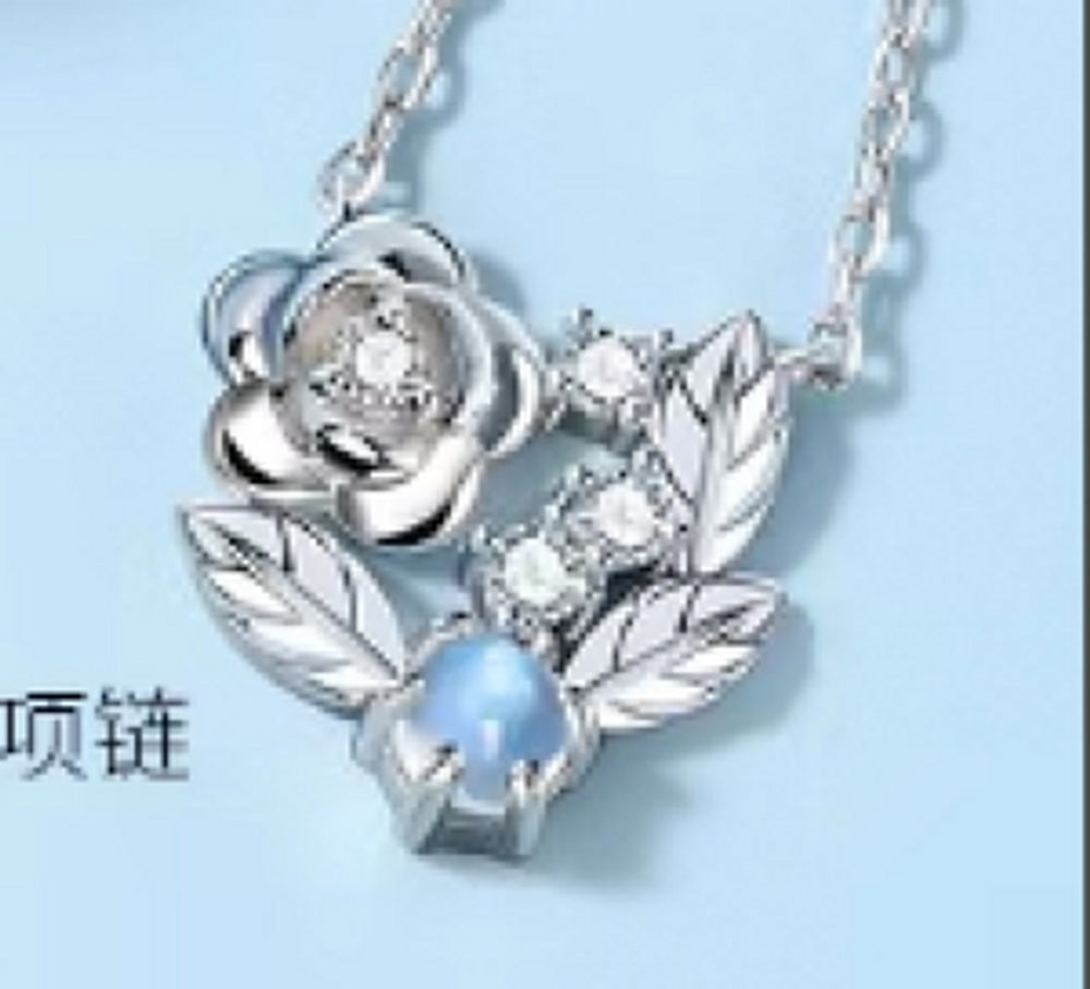 Sterling Silver Moonstone-Look Stone Flower Necklace
