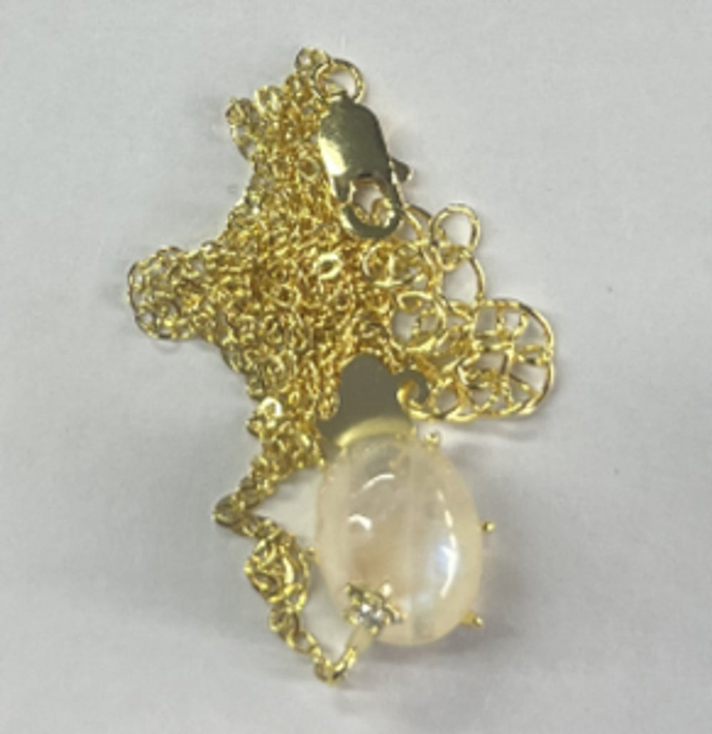 Gold-Tone Six-Prong White Moonstone-Look Stone Egg-Shape Necklace