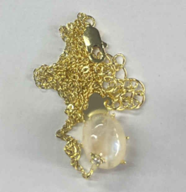 Gold-Tone Six-Prong White Moonstone-Look Stone Egg-Shape Necklace