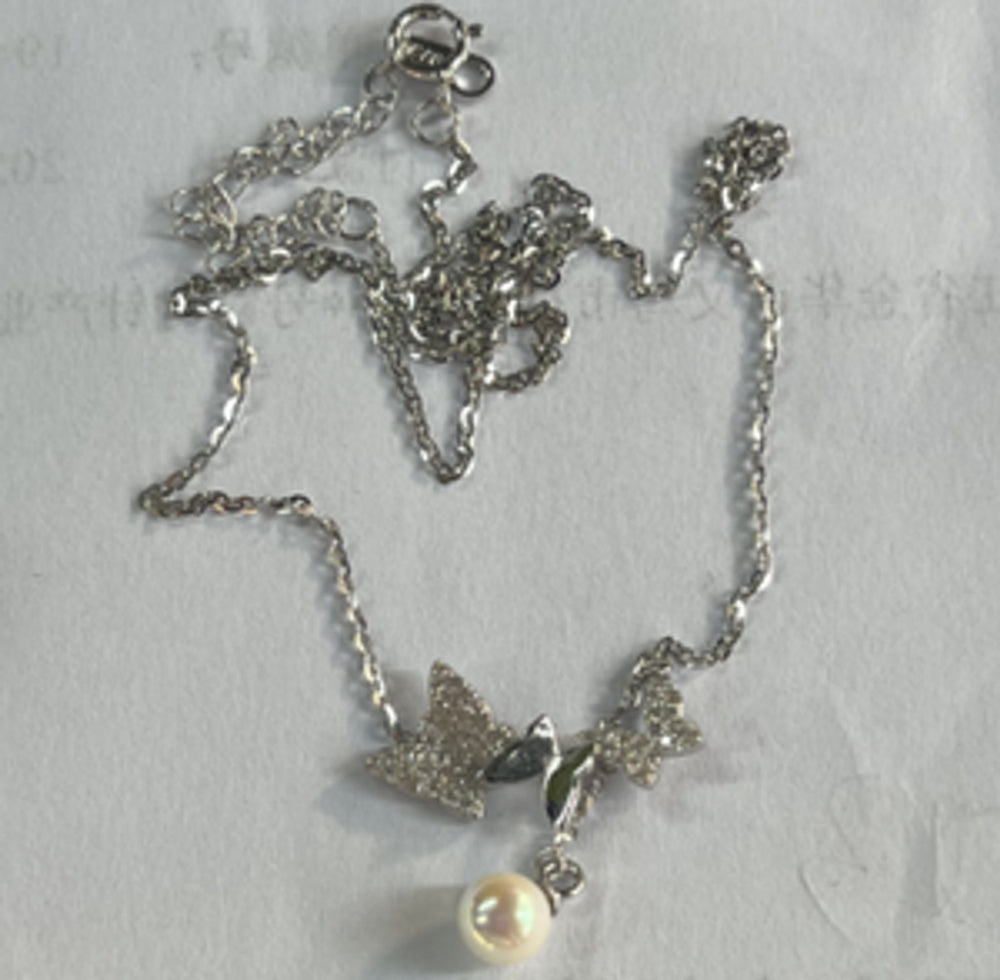 Sterling Silver White Simulated Pearl Butterfly Pendant Necklace