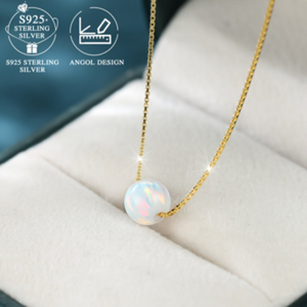 Sterling Silver White Round Simulated Opal Necklace