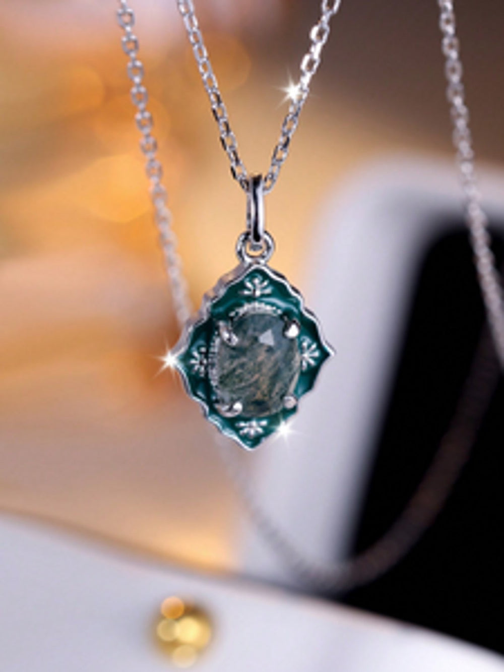 Sterling Silver Rhombus Agate-Look Stone Bezel Necklace