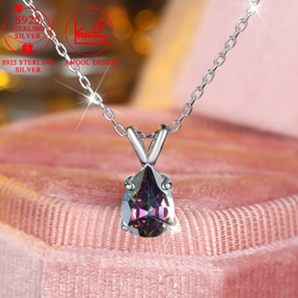Sterling Silver Iridescent Teardrop Crystal Pendant Necklace