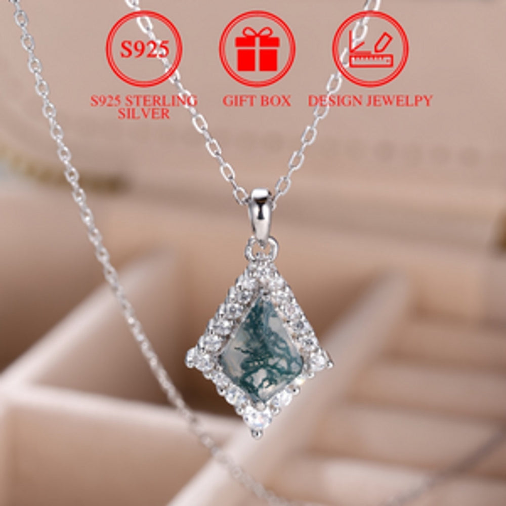 Sterling Silver Haloed White Agate-Look Stone Freeform Pendant Necklace