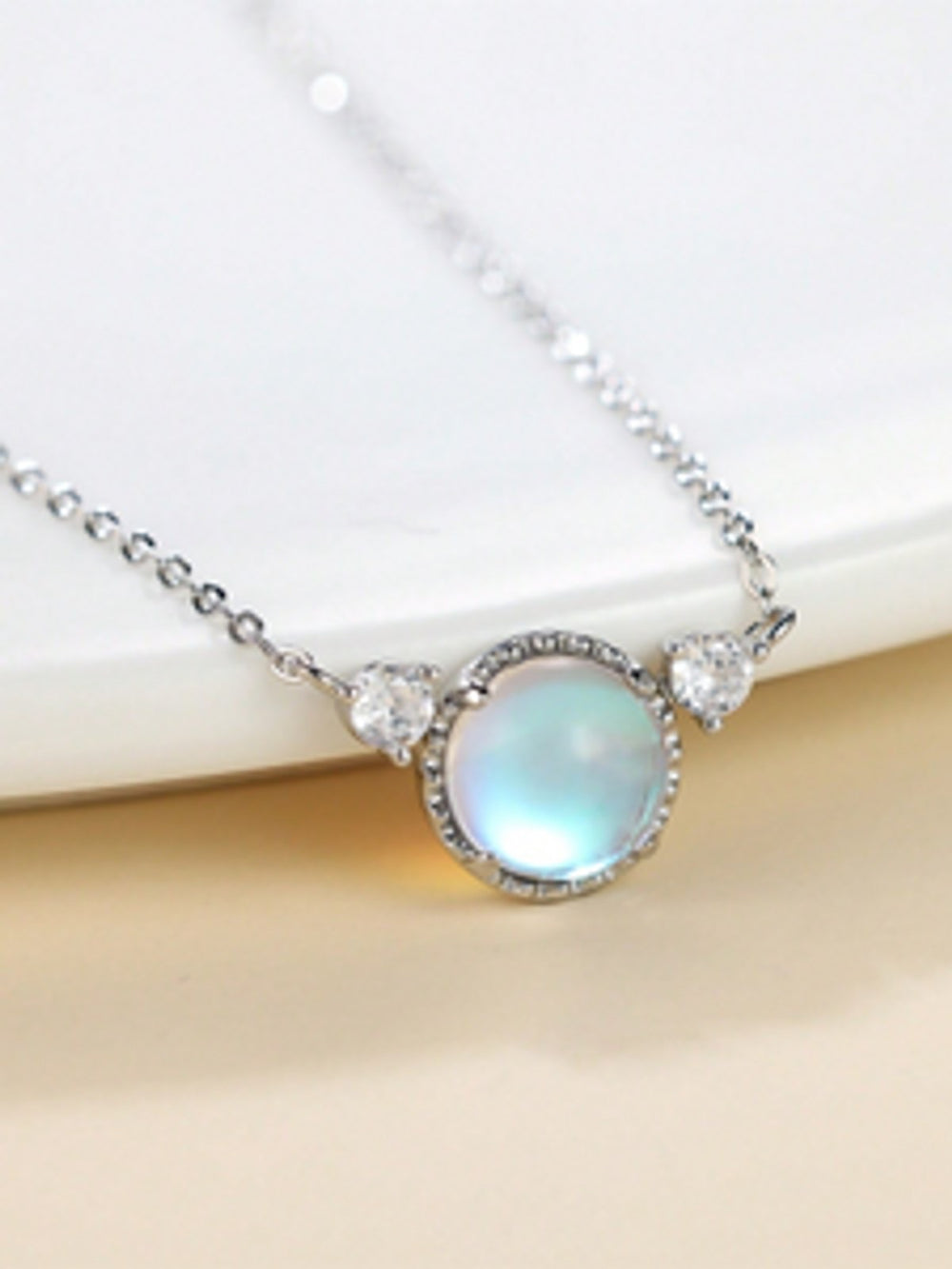 Sterling Silver Haloed White Round Moonstone-Look Stone Necklace