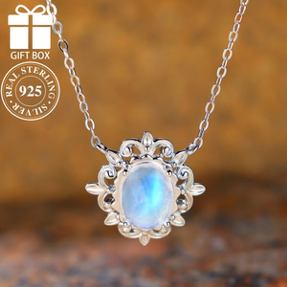 Sterling Silver Oval Moonstone-Look Stone Openwork Necklace