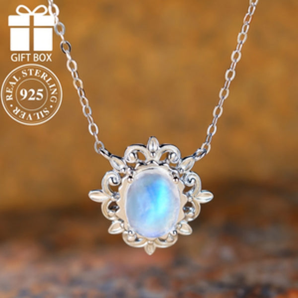 Sterling Silver Oval Moonstone-Look Stone Openwork Necklace