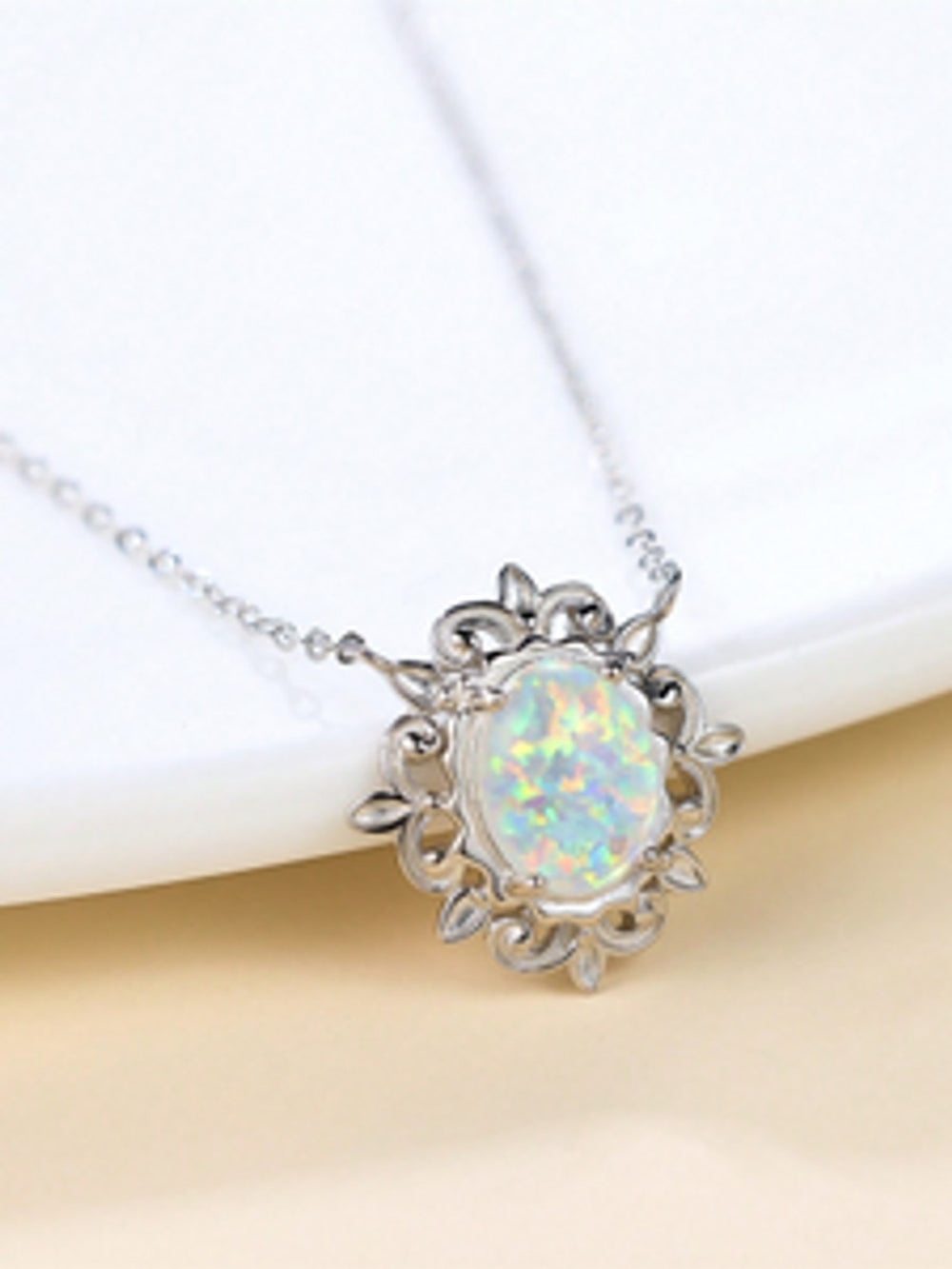 Sterling Silver White Oval Simulated Opal Openwork Necklace