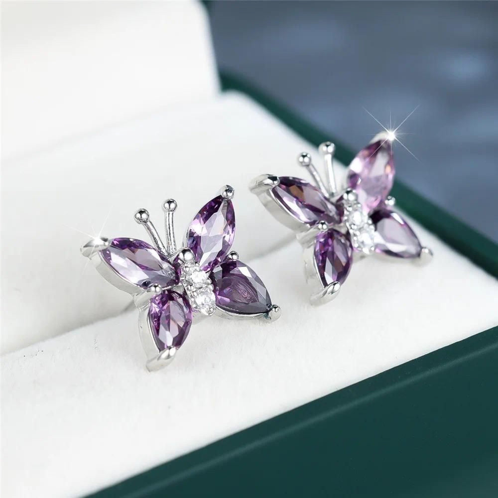 Silver-Tone Purple Marquise Crystal Butterfly Stud Earrings