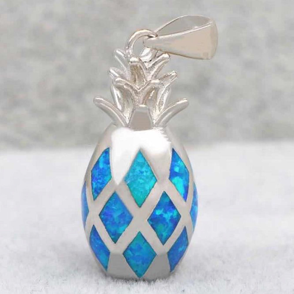 Silver-Tone Blue Simulated Opal Lattice Inlay 3D Pineapple Pendant Necklace