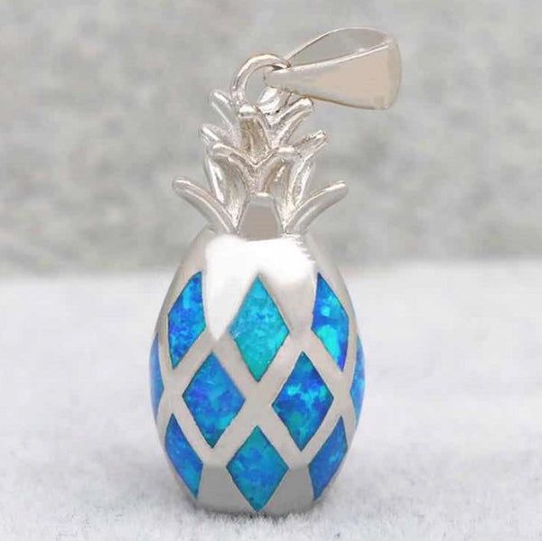 Silver-Tone Blue Simulated Opal Lattice Inlay 3D Pineapple Pendant Necklace