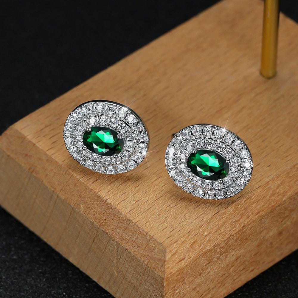 Silver-Tone Four-Prong Green Oval Crystal Stud Earrings