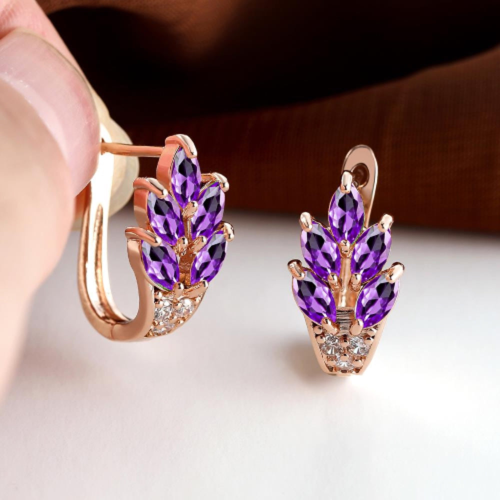 Rose Gold-Tone Marquise Purple Crystal Leaf Spray Huggie Earrings