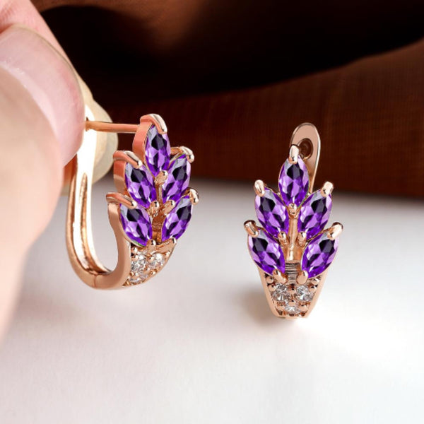 Rose Gold-Tone Marquise Purple Crystal Leaf Spray Huggie Earrings