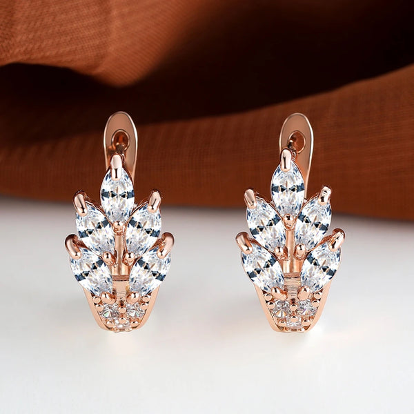 Rose Gold-Tone White Crystal Marquise Leaf Huggie Earrings
