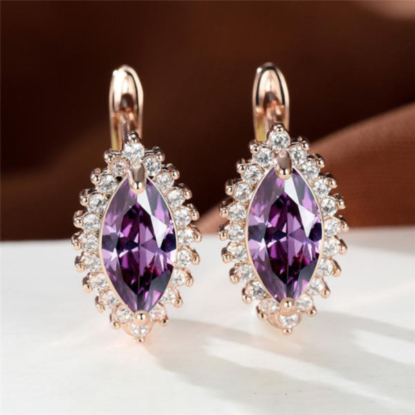 Rose Gold-Tone Marquise Purple Crystal Halo Huggie Earrings