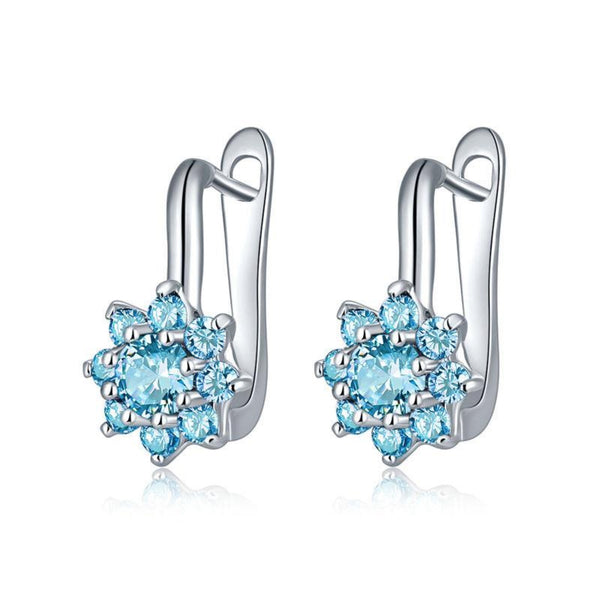 Silver-Tone Aqua Blue CZ Flower Cluster Huggie Earrings