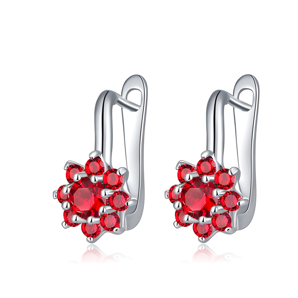Silver-Tone Red Cubic Zirconia Flower Huggie Hoop Earrings