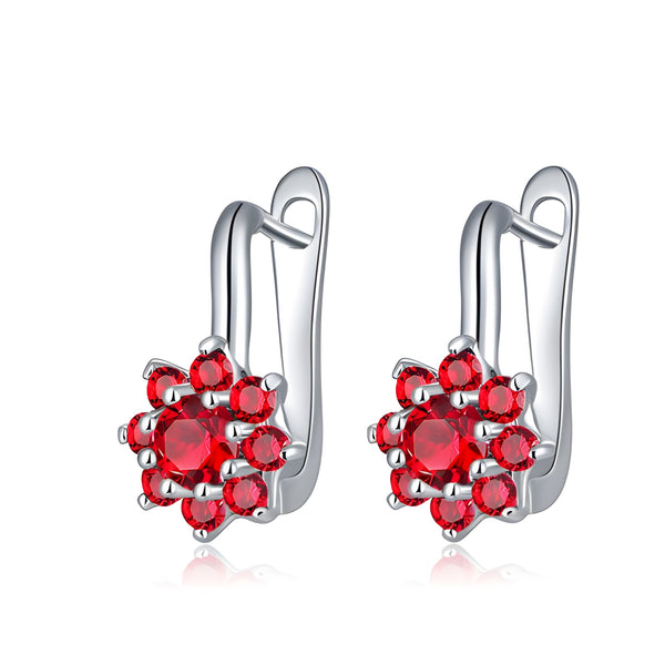 Silver-Tone Red Cubic Zirconia Flower Huggie Hoop Earrings