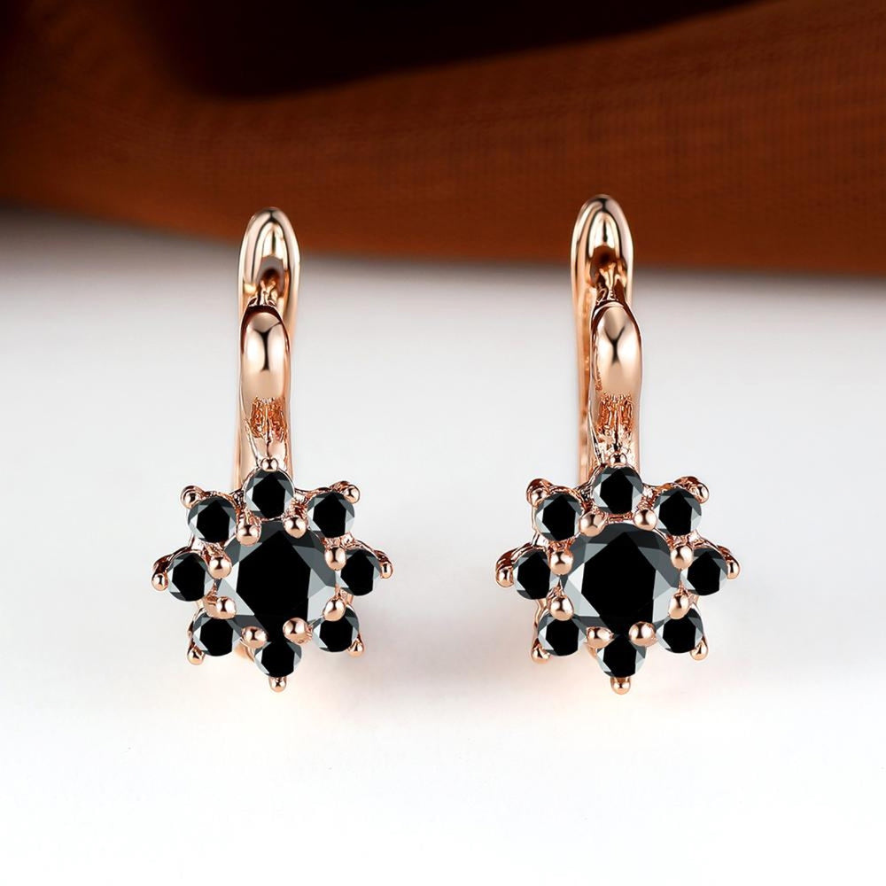 Rose Gold-Tone Black CZ Flower Cluster Huggie Earrings