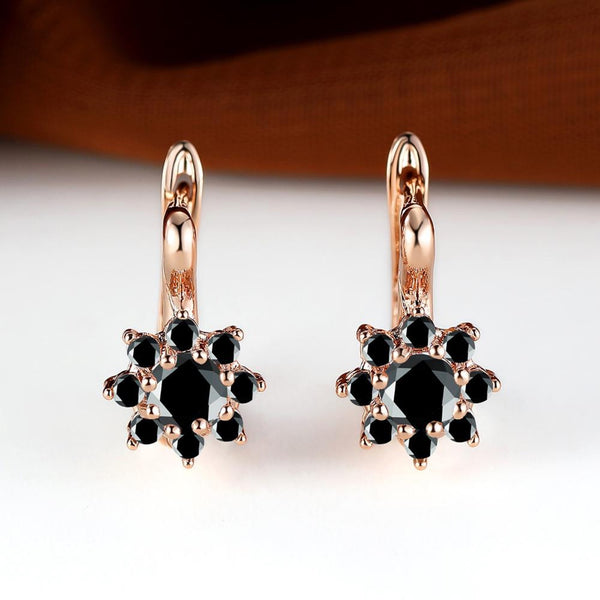 Rose Gold-Tone Black CZ Flower Cluster Huggie Earrings