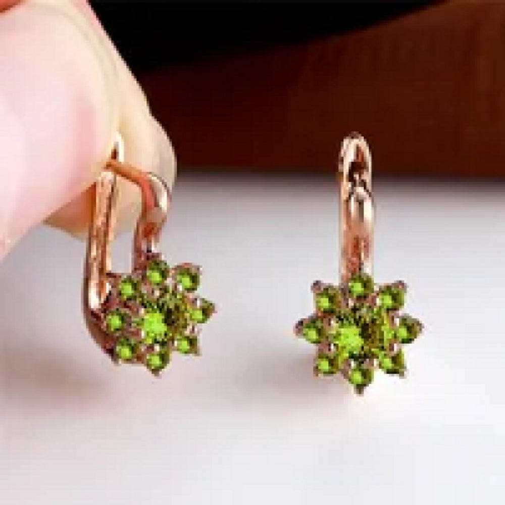 Rose Gold-Tone Olive Green CZ Flower Drop Earrings