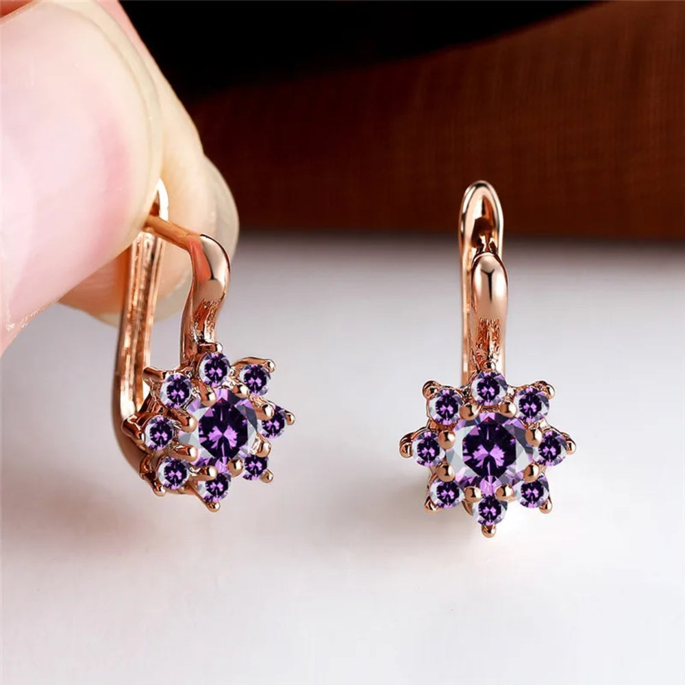 Rose Gold-Tone Purple CZ Flower Cluster Huggie Earrings