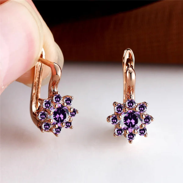 Rose Gold-Tone Purple CZ Flower Cluster Huggie Earrings