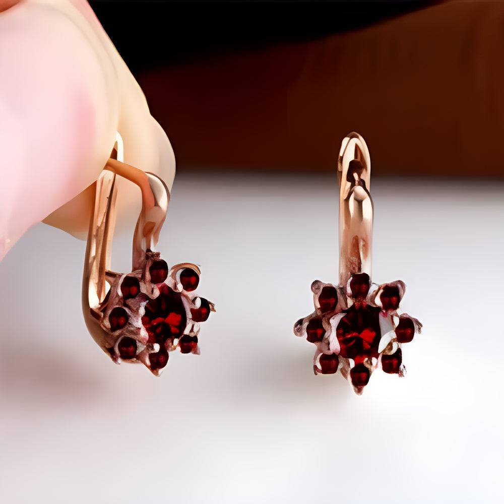 Rose Gold-Tone Red CZ Flower Cluster Huggie Hoop Earrings