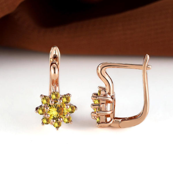 Rose Gold-Tone Yellow CZ Flower Cluster Huggie Hoop Earrings