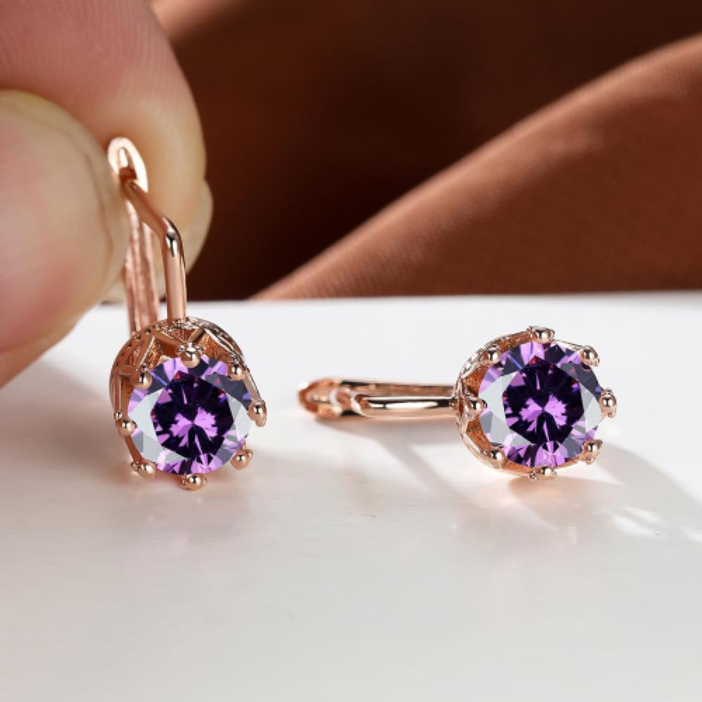 Rose Gold-Tone Round Purple Cubic Zirconia Huggie Earrings