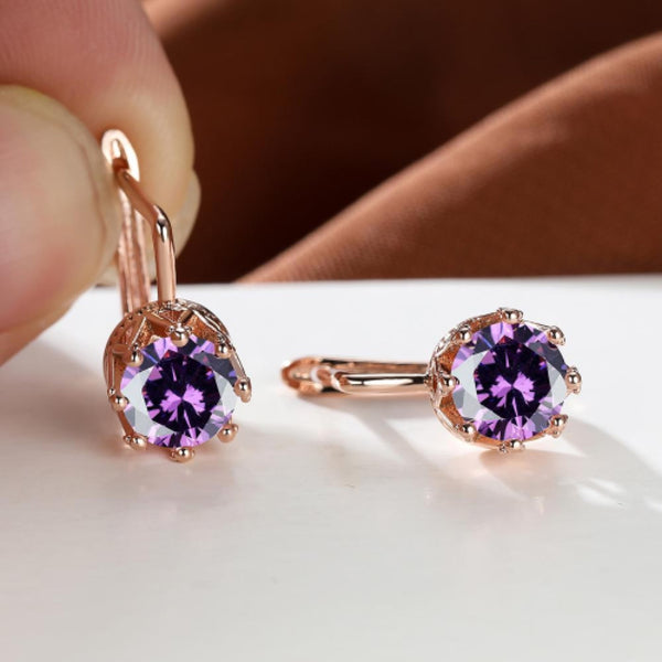 Rose Gold-Tone Round Purple Cubic Zirconia Huggie Earrings