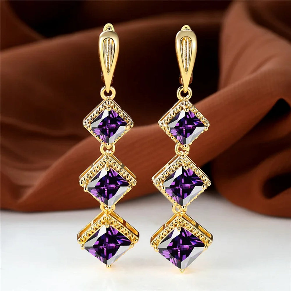 Gold-Tone Boho Purple Rhombus Crystal Drop Earrings