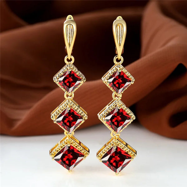 Gold-Tone Red Crystal Triple Square Bohemian Drop Earrings