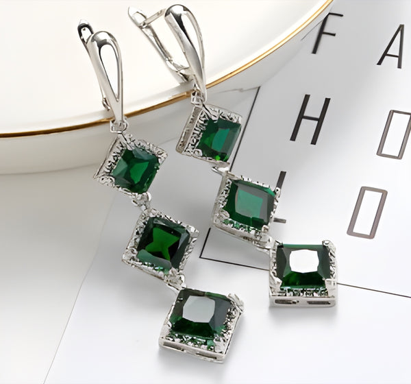 Silver-Tone Emerald Green Square Crystal Tiered Drop Earrings