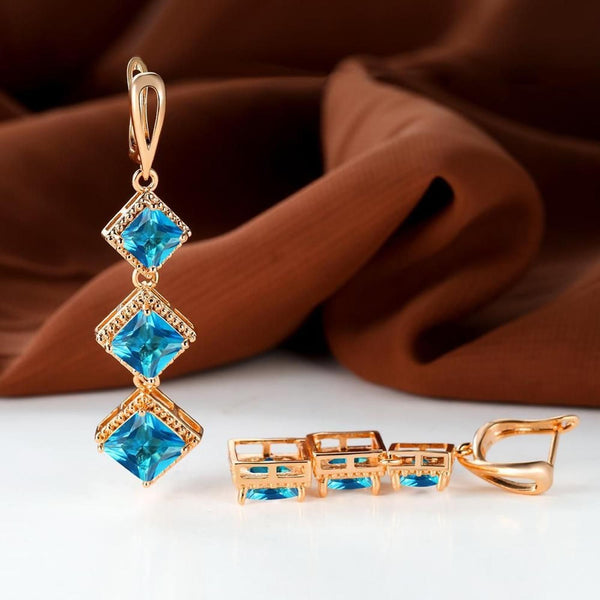 Rose Gold-Tone Boho Aqua Rhombus Crystal Drop Earrings