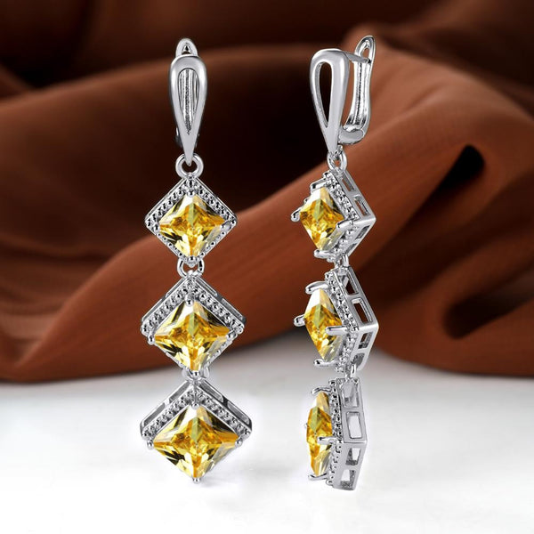 Silver-Tone Yellow Crystal Triple Rhombus Bohemian Drop Earrings