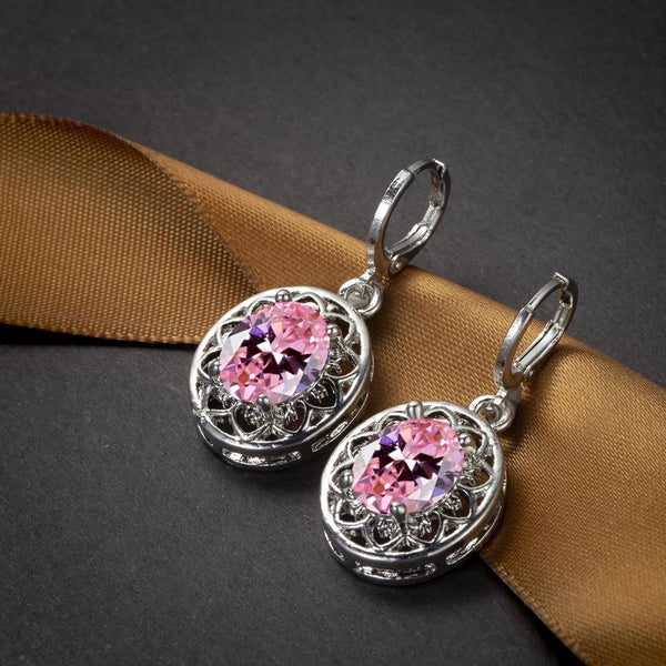 Silver-Tone Pink Crystal Openwork Floral Medallion Drop Earrings