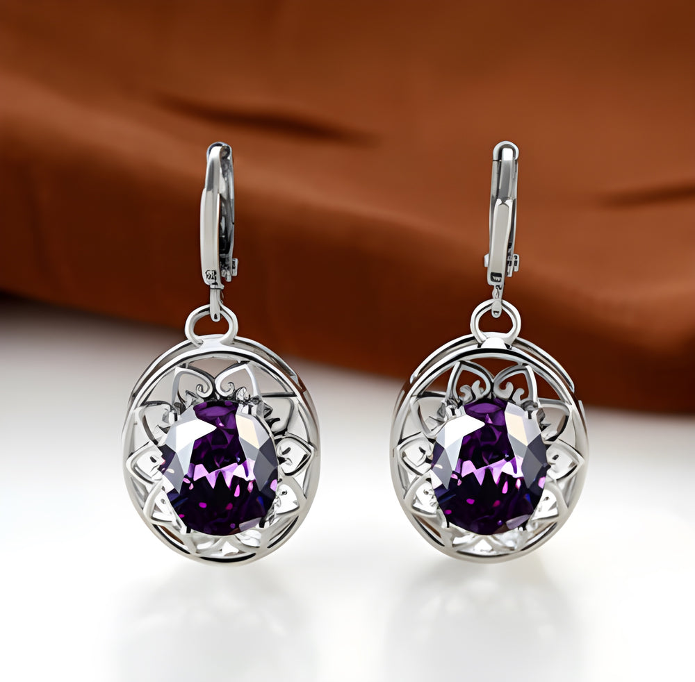 Silver-Tone Openwork Petal Oval Purple Crystal Drop Earrings