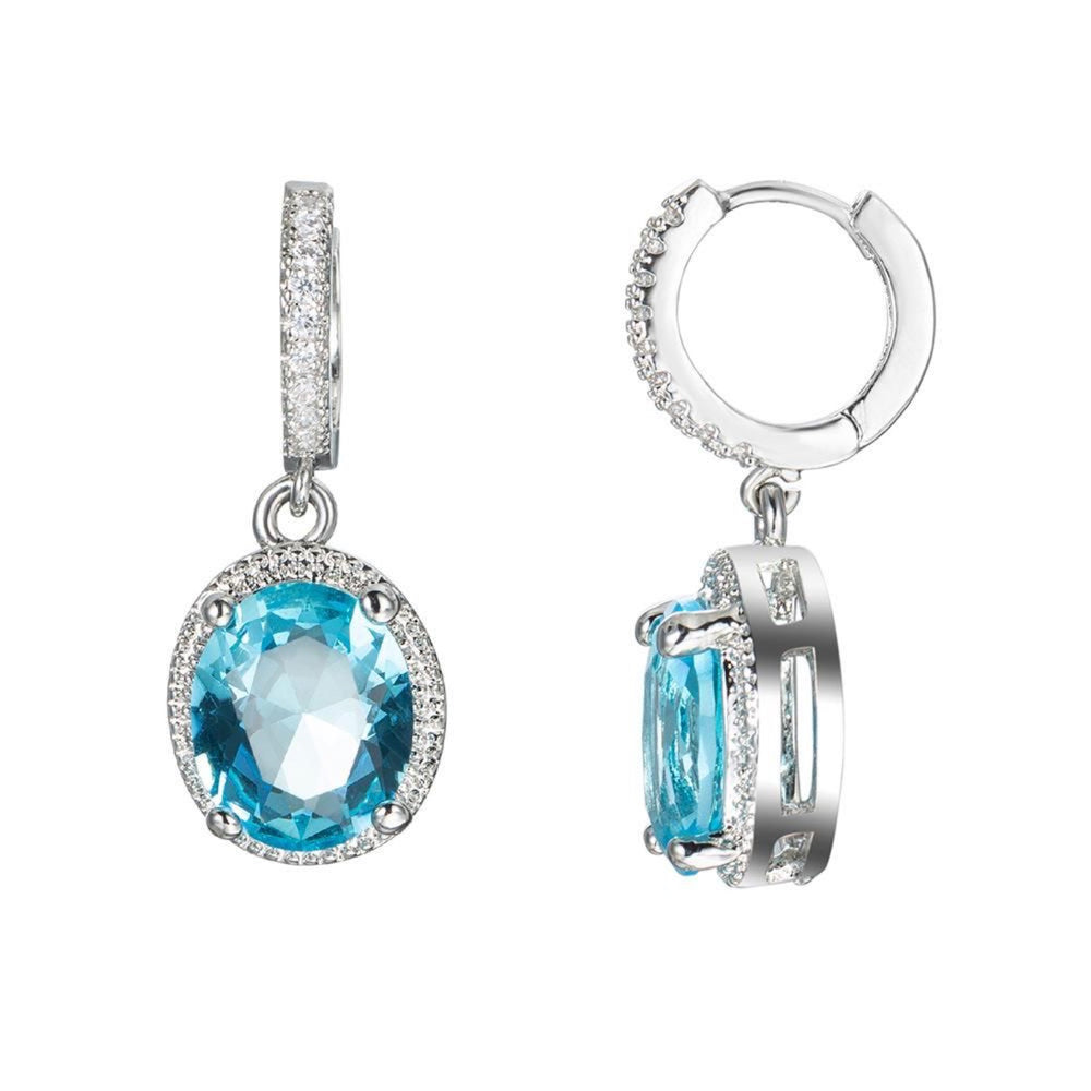 Silver-Tone Oval Aqua Blue Crystal Halo Drop Earrings