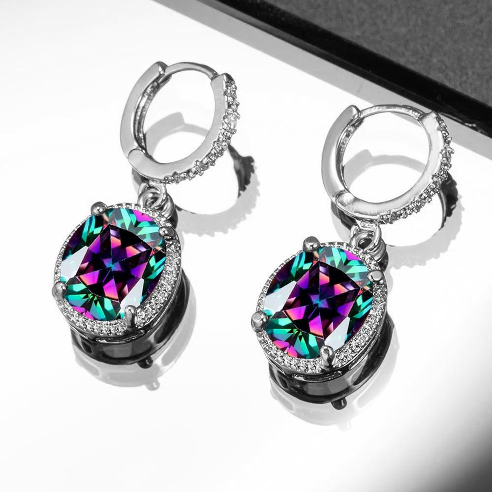 Silver-Tone Iridescent Oval Crystal Huggie Earrings
