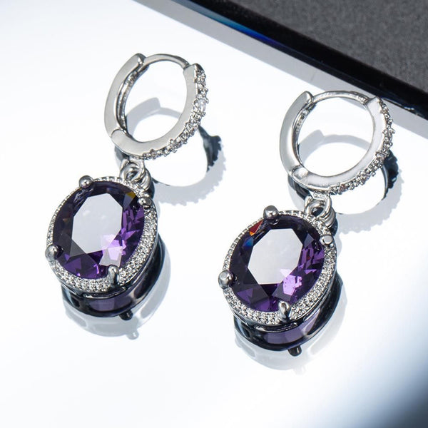 Silver-Tone Purple Oval Crystal Halo Drop Huggie Earrings
