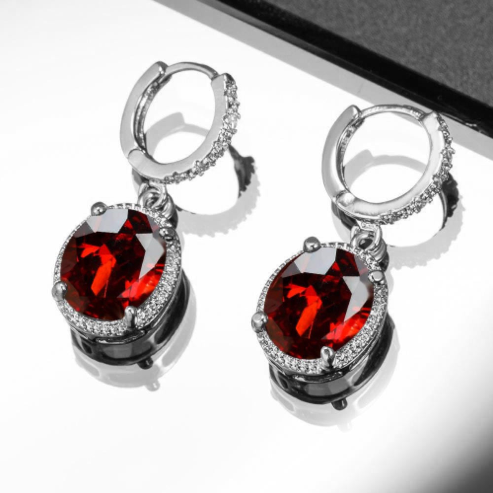 Silver-Tone Oval Red Crystal Halo Drop Earrings on Huggie Hoops