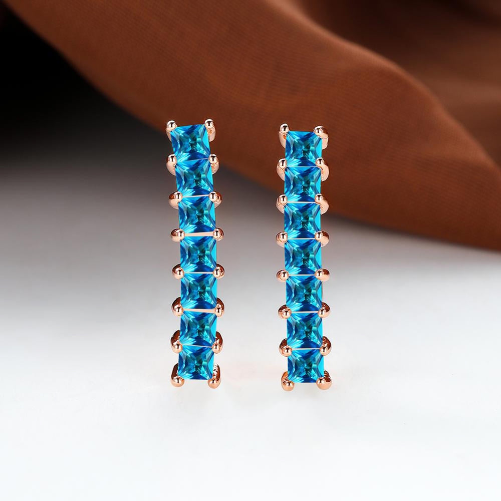 Rose Gold-Tone Aqua Blue Princess-Cut Crystal Bar Huggie Earrings