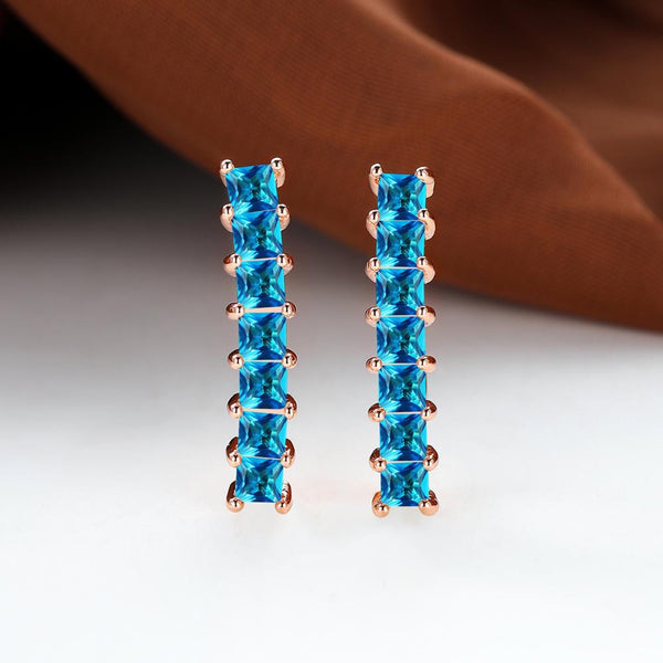 Rose Gold-Tone Aqua Blue Princess-Cut Crystal Bar Huggie Earrings