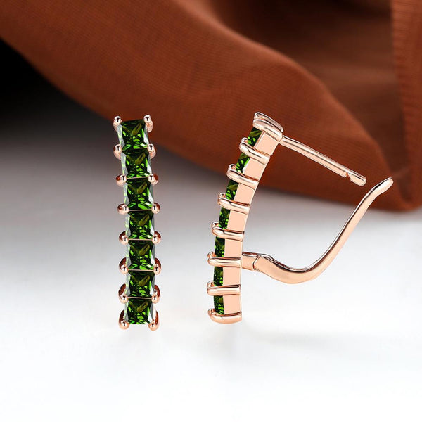 Rose Gold-Tone Green Princess-Cut Crystal Bar Huggie Earrings