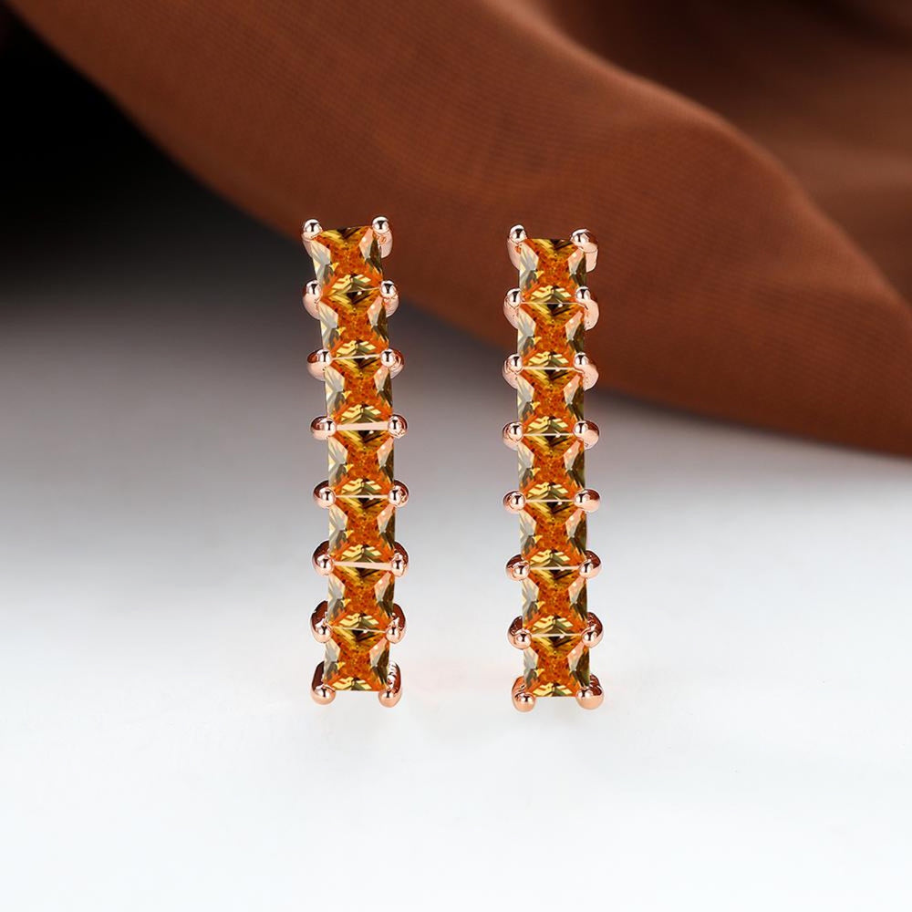 Rose Gold-Tone Champagne Yellow Crystal Square Bar Huggie Earrings