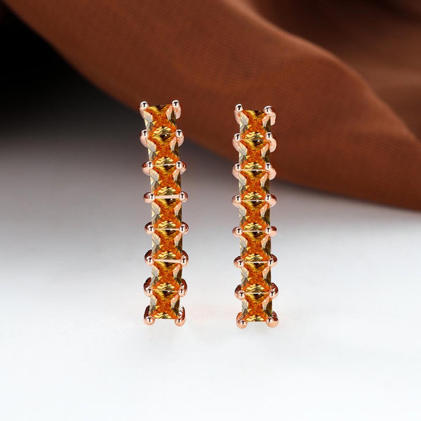 Rose Gold-Tone Champagne Yellow Crystal Square Bar Huggie Earrings