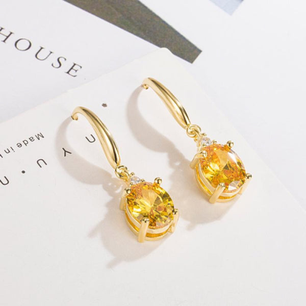 Gold-Tone Yellow Crystal Oval Solitaire Drop Hook Earrings